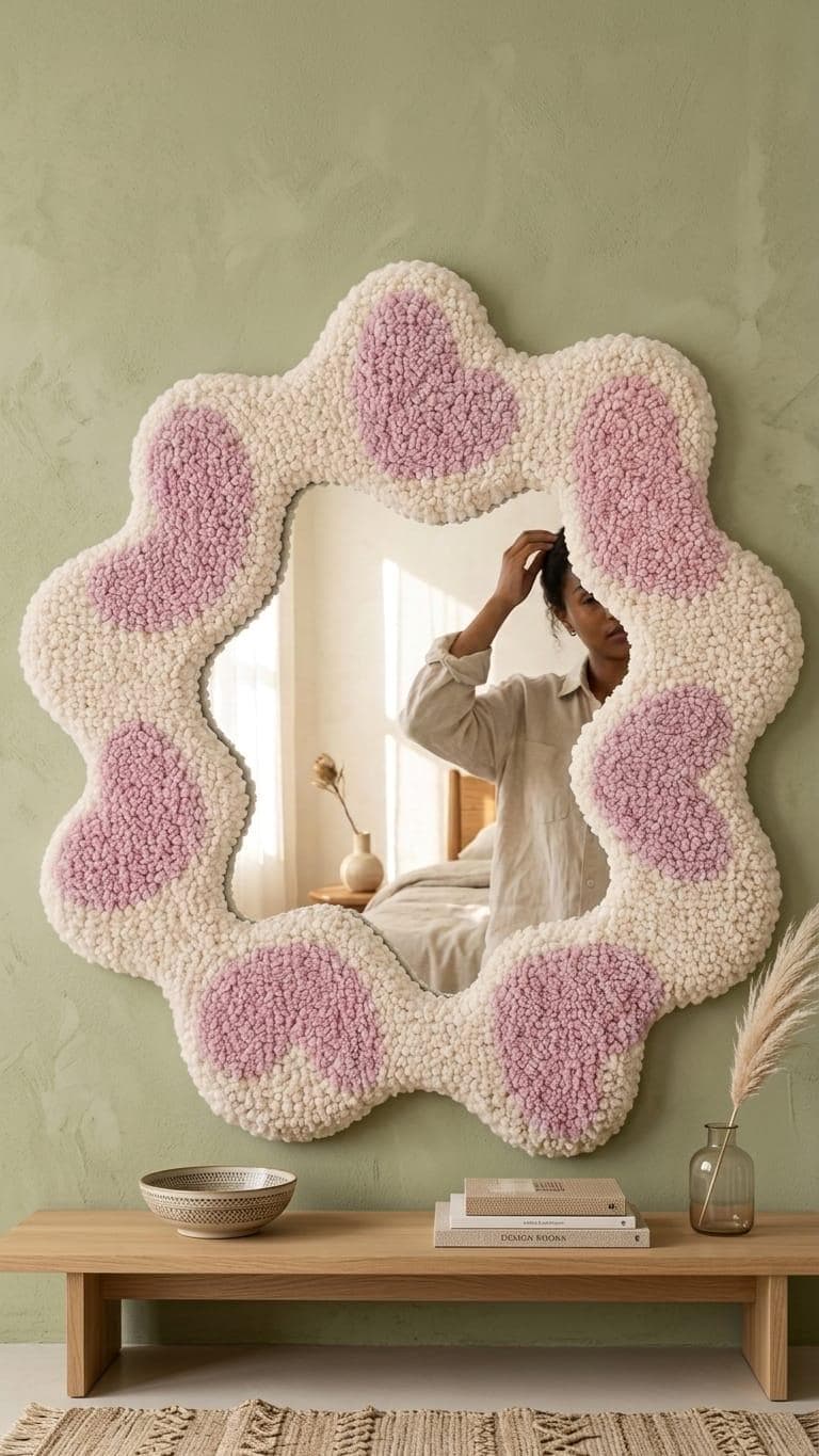 Tufted Heart Mirror, Wavy Pink Punch Needle Wall Decor, Danish Pastel Room Accessory