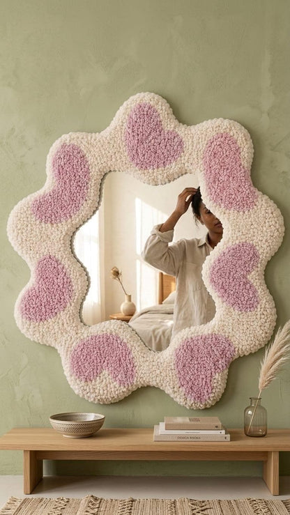 Tufted Heart Mirror, Wavy Pink Punch Needle Wall Decor, Danish Pastel Room Accessory