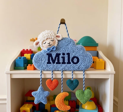 Personalized Cloud Name Sign, Tufted Sheep Nursery Art, Punch Needle Decor