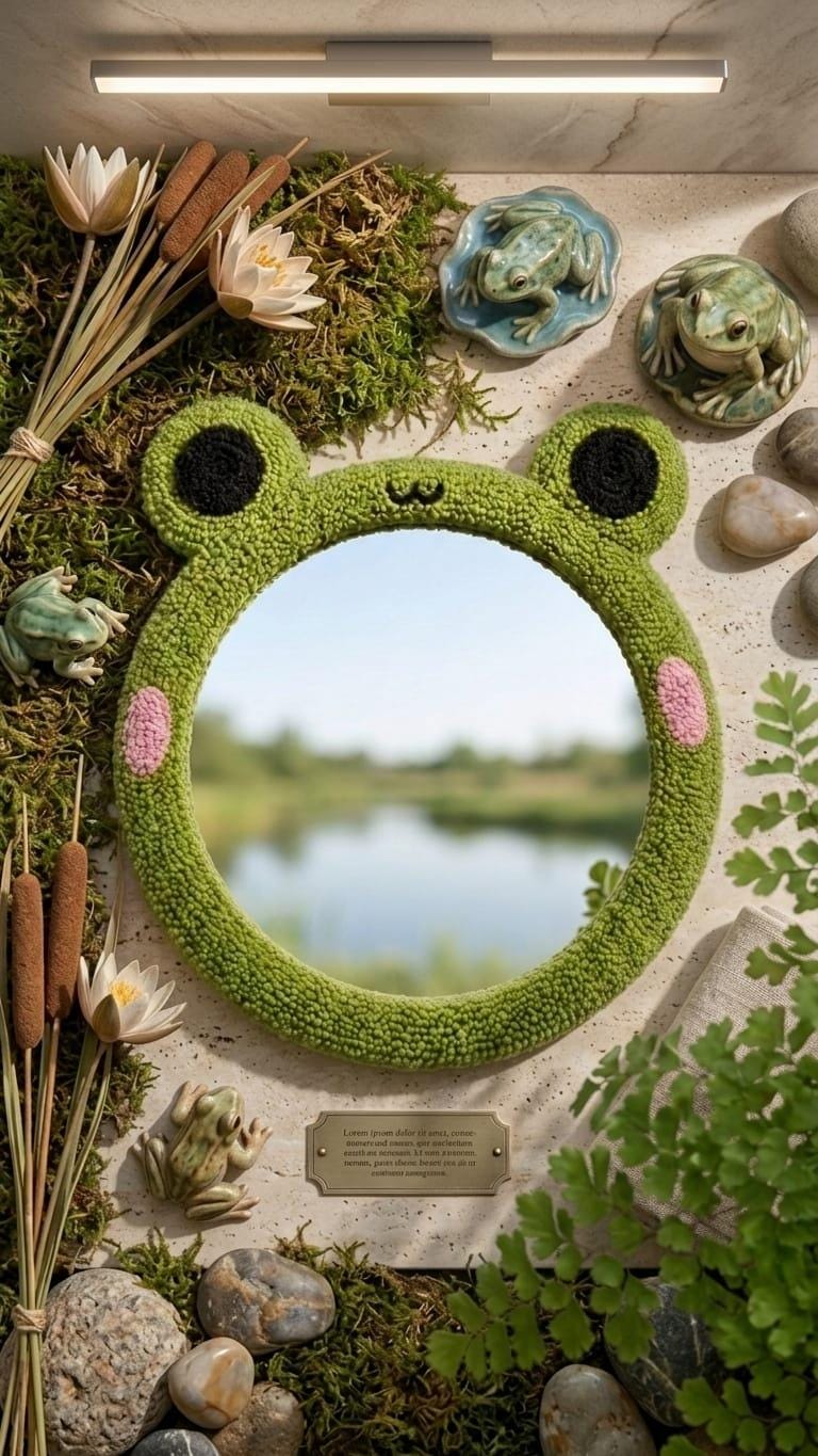 Tufted Frog Mirror | Cute Kawaii Punch Needle Wall Art | Green Frogcore Room Decor | Animal Shaped Mirror | Whimsical Nursery Gift