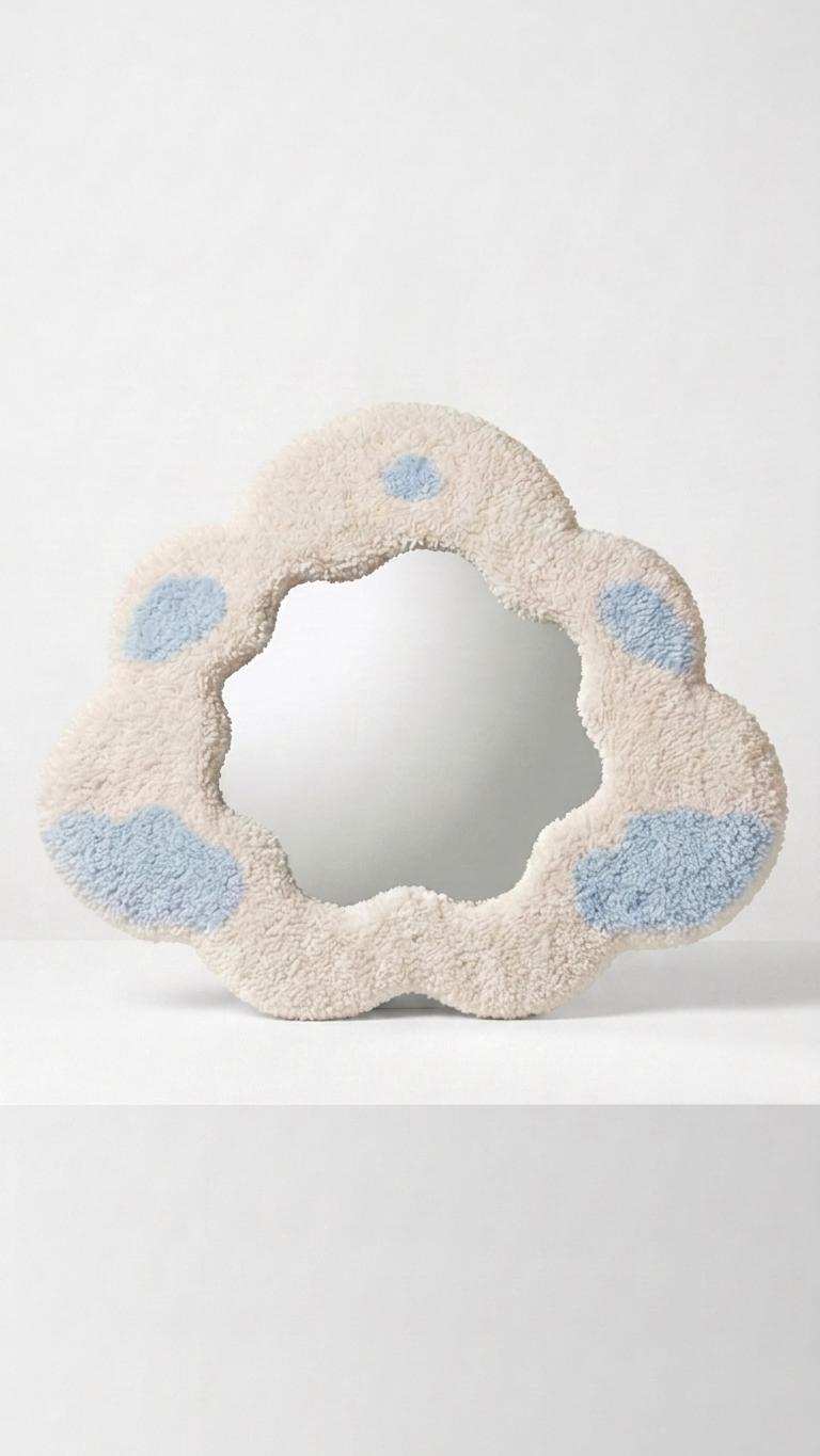 Handmade Tufted Cloud Mirror, Irregular Fluffy Frame, Pastel Nursery Decor