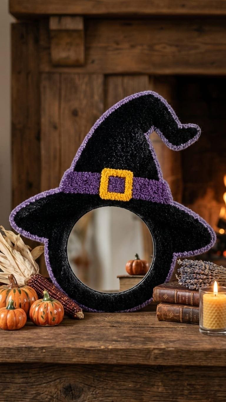 Witch Hat Mirror, Halloween Mirror, Tufted Wall Mirror, Witchy Room Decor, Spooky Wall Decor, Purple Halloween Decor, Handmade Witch Gift
