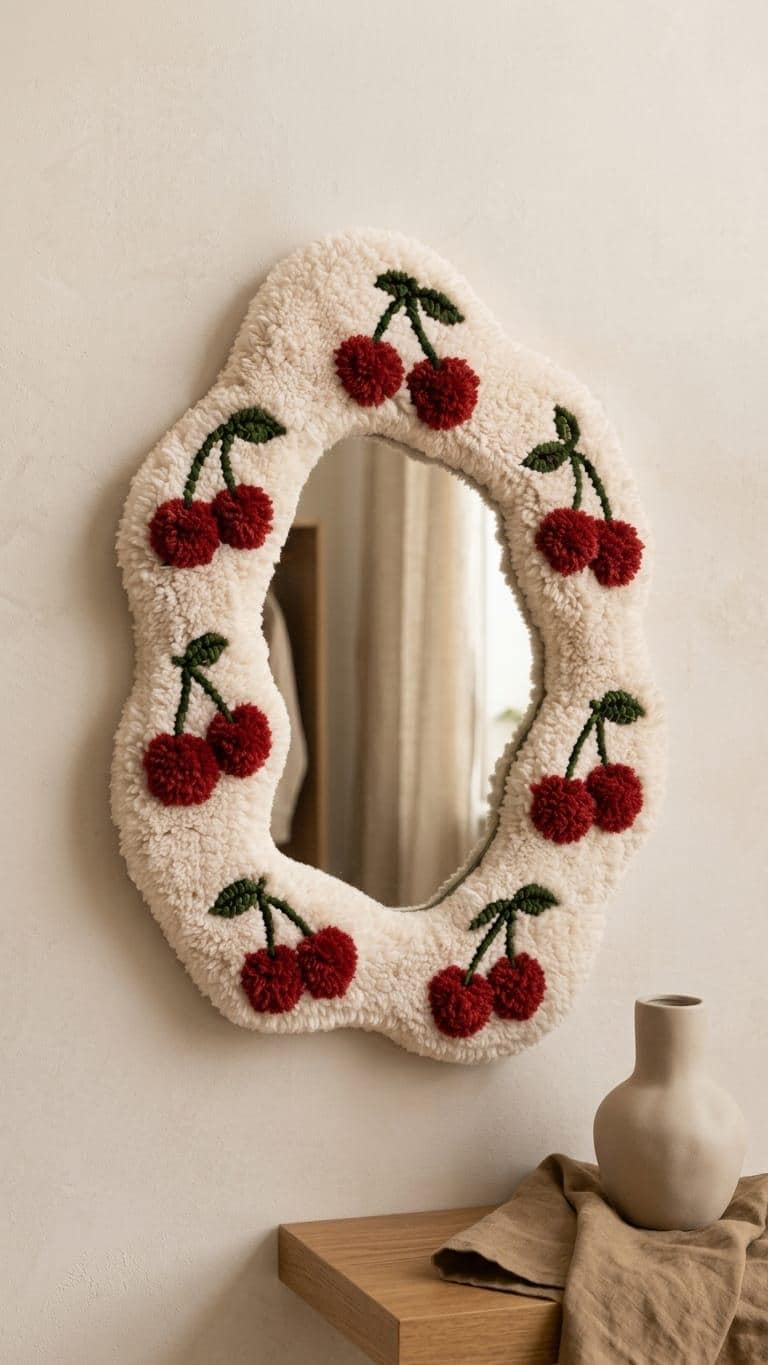 Tufted Cherry Mirror | Wavy Punch Needle Wall Art, Coquette Room Decor