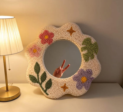 Tufted Floral Mirror, Punch Needle Wavy Room Decor, Pastel Flower Vanity Mirror