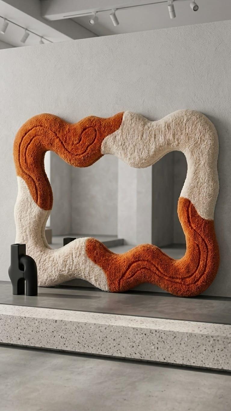 Tufted Wavy Mirror, Terracotta Asymmetrical Boho Wall Art, Punch Needle Decor