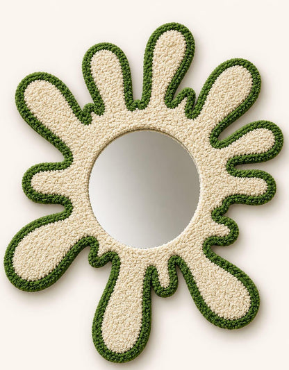 Tufted Splatter Mirror, Olive Green Cream Punch Needle Decor, Boho Room Art