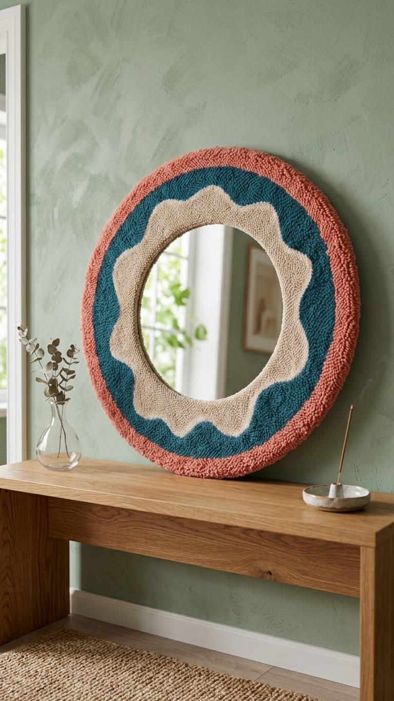 Round Tufted Mirror, Punch Needle Flower Wall Art, Retro Boho Decor