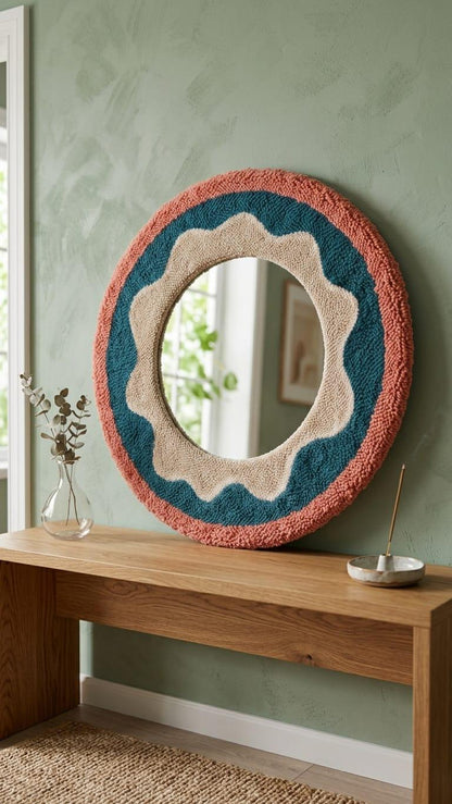 Round Tufted Mirror, Punch Needle Flower Wall Art, Retro Boho Decor