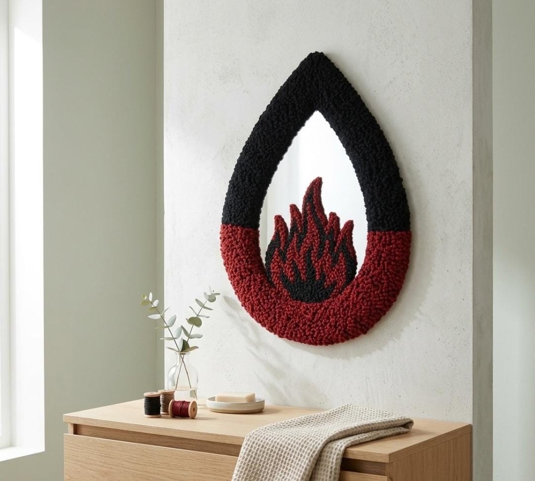 Handmade Tufted Flame Mirror | Punch Needle Gothic Wall Decor