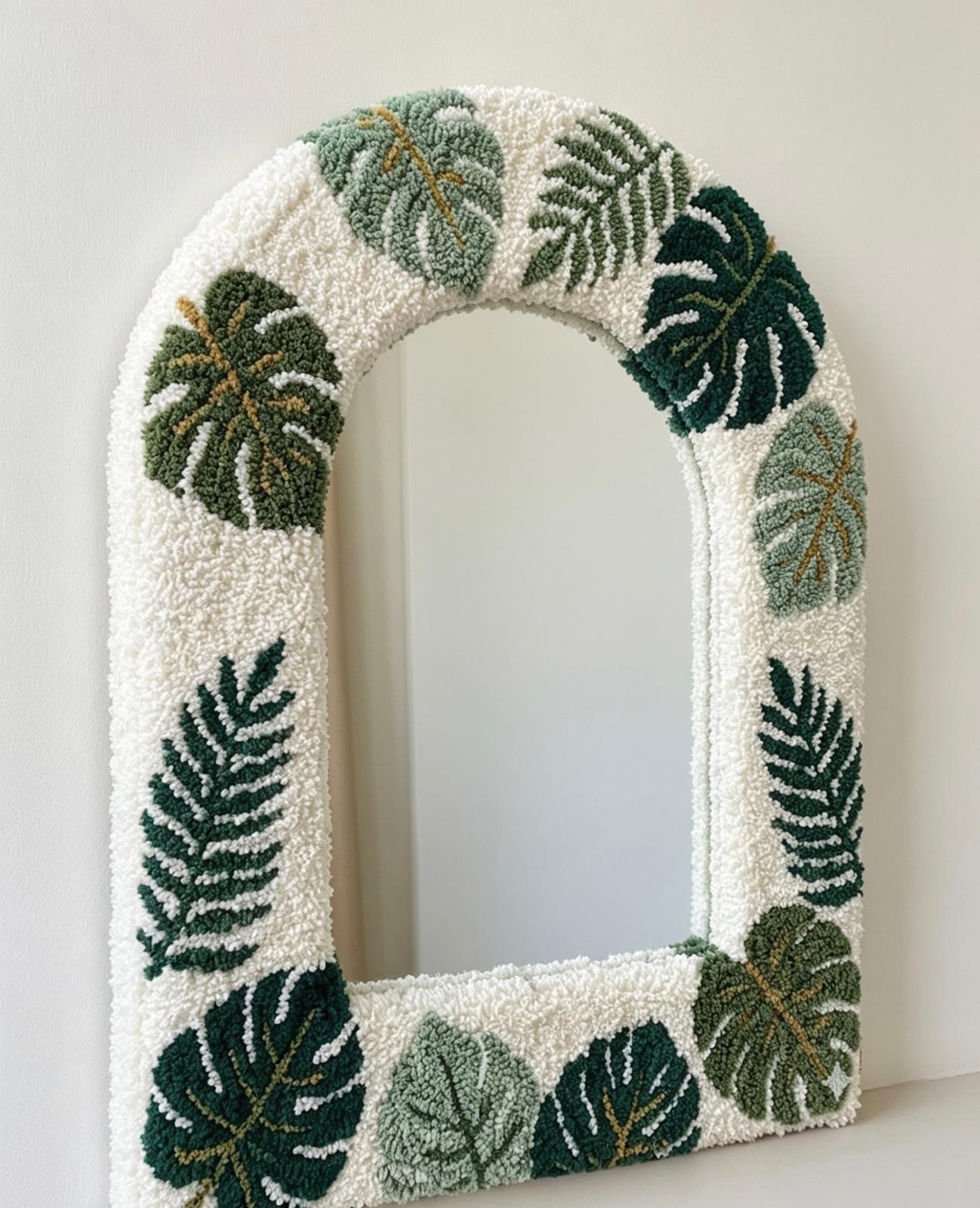 Tufted Arch Mirror with Monstera Leaves, Punch Needle Botanical Wall Decor