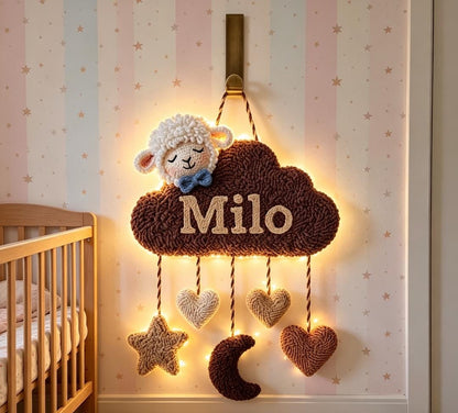 Personalized Tufted Cloud Name Sign, Boho Sheep Nursery Art, Earthy Baby Decor