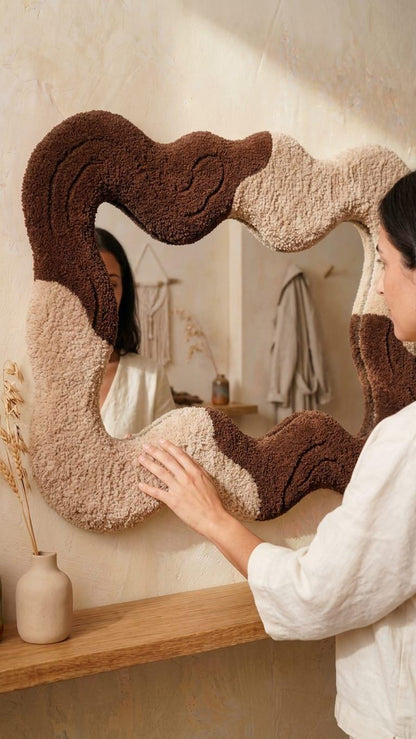 Tufted Wavy Mirror, Asymmetrical Chocolate Cream Wall Decor, Punch Needle Boho Style