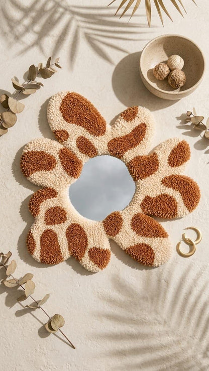 Tufted Flower Mirror | Giraffe Print Punch Needle Wall Art | Boho Decor