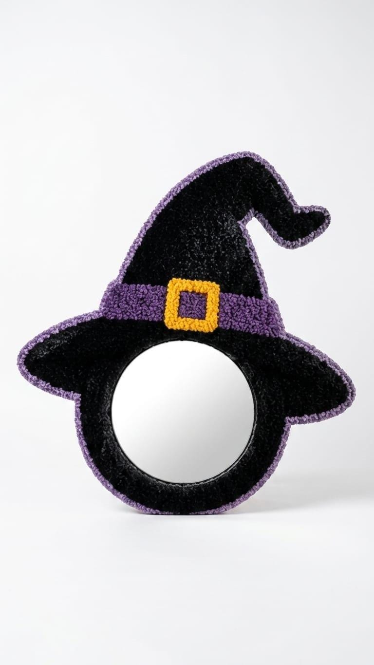 Witch Hat Mirror, Halloween Mirror, Tufted Wall Mirror, Witchy Room Decor, Spooky Wall Decor, Purple Halloween Decor, Handmade Witch Gift