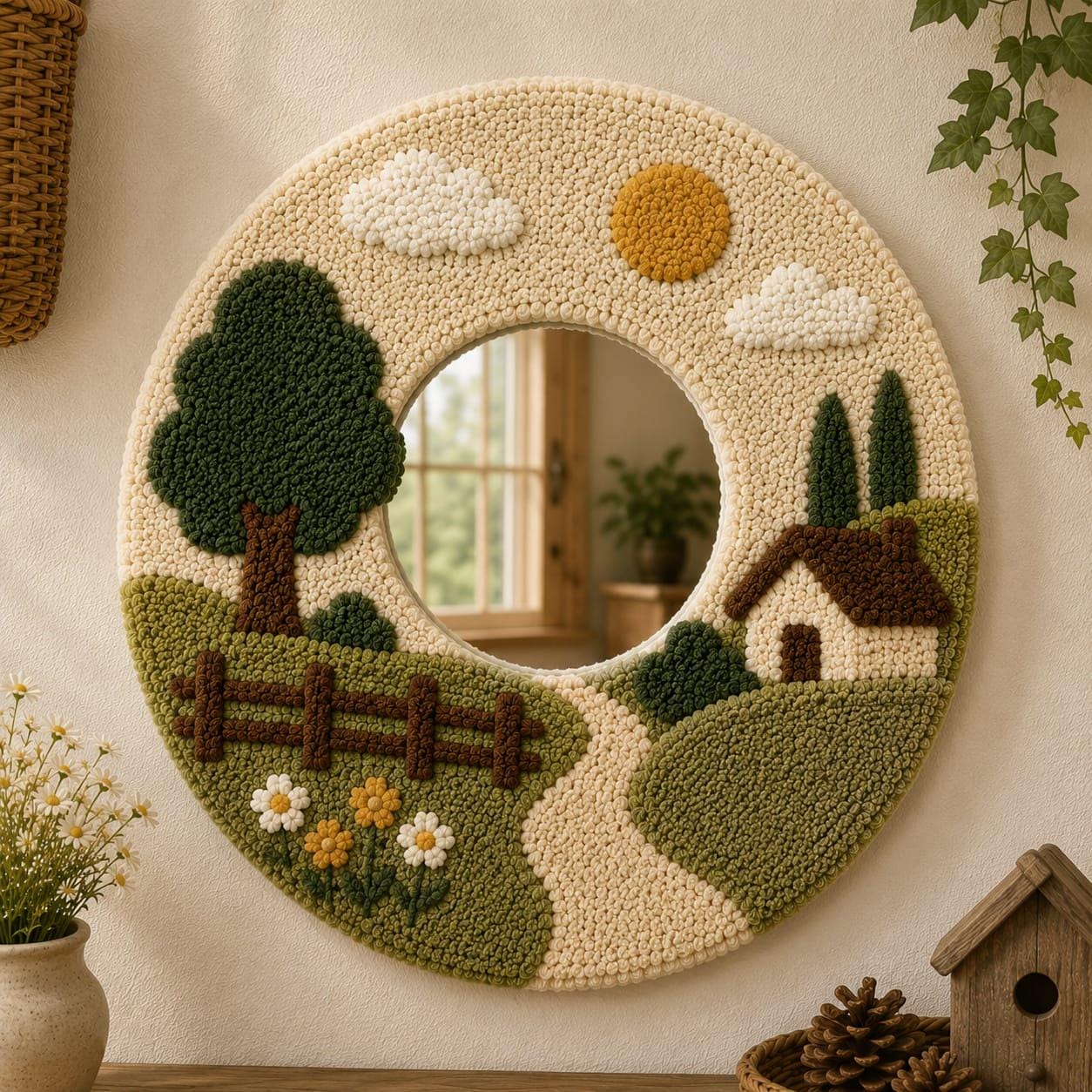 Tufted Landscape Mirror, Round Scenery Wall Art, Punch Needle Cozy Farmhouse Decor