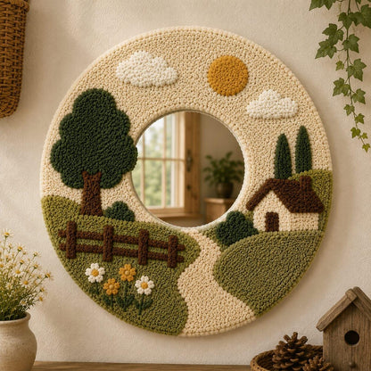 Tufted Landscape Mirror, Round Scenery Wall Art, Punch Needle Cozy Farmhouse Decor