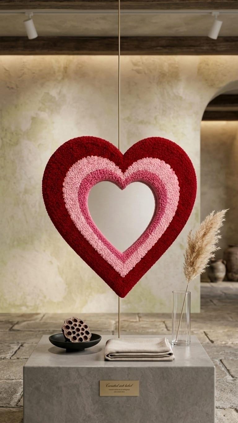 Heart Shaped Mirror, Tufted Heart Mirror, Pink and Red Wall Decor, Handmade Mirror, Coquette Room Decor, Funky Bedroom Mirror, Romantic Gift