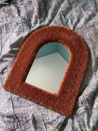 Handmade Bouclé Arch Mirror, Burnt Orange Plush Wall Decor, Cozy Bedroom Vanity Mirror