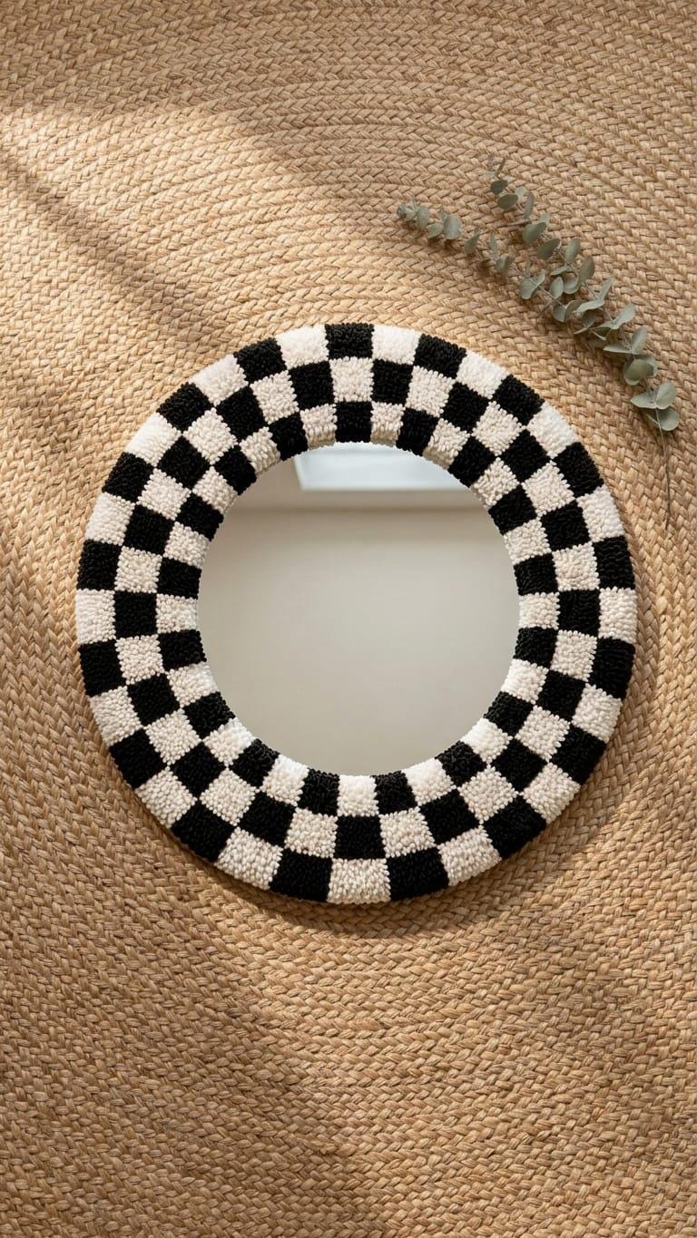 Tufted Checkerboard Mirror | Round Punch Needle Wall Art, Retro Decor