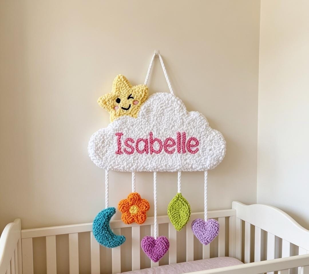 Personalized Cloud Name Sign, Tufted Punch Needle Wall Art, Baby Girl Nursery Decor
