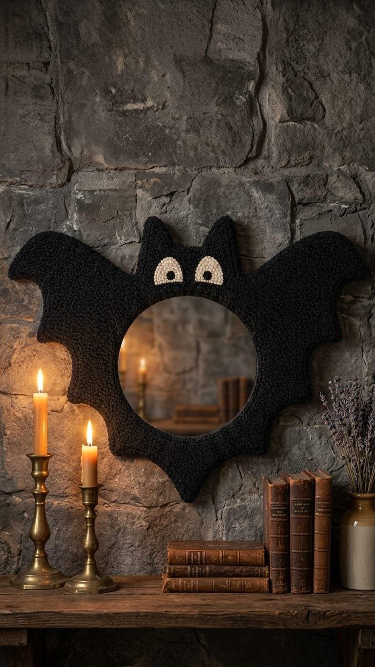Bat Mirror, Halloween Mirror, Tufted Wall Mirror, Black Bat Decor, Spooky Wall Decor, Gothic Room Decor, Halloween Gift, Cute Spooky Decor