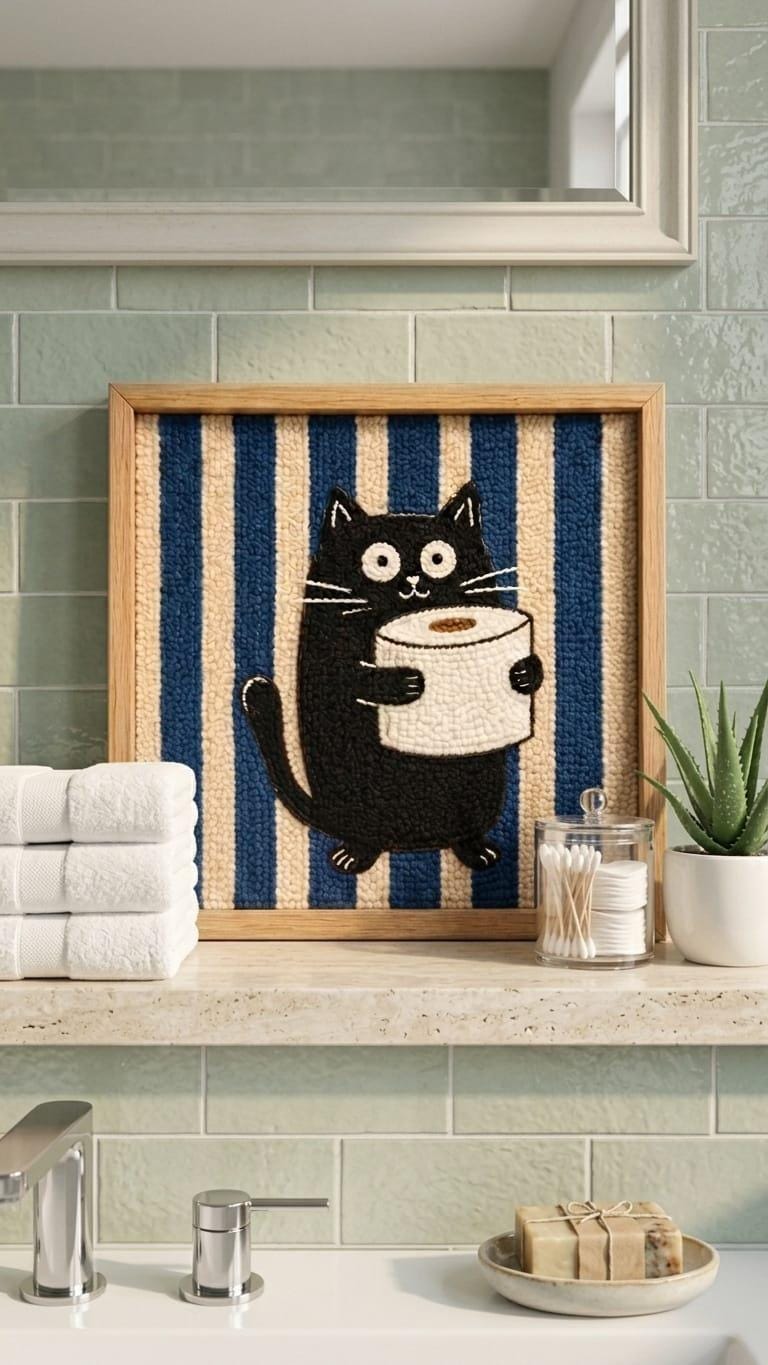 Funny Black Cat Bathroom Wall Art | Tufted Toilet Paper Cat Frame | Punch Needle Restroom Decor | Cat Lover Gift