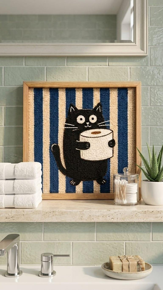 Funny Black Cat Bathroom Wall Art | Tufted Toilet Paper Cat Frame | Punch Needle Restroom Decor | Cat Lover Gift