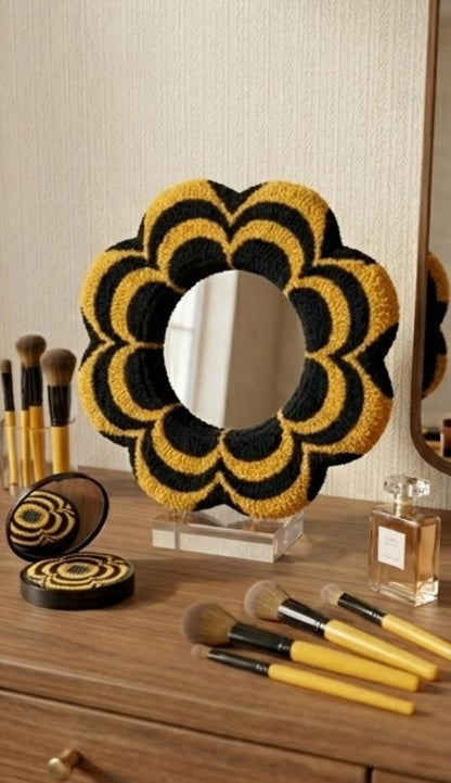 Tufted Flower Mirror, Yellow Black Wavy Punch Needle Wall, Groovy 70s Y2K Hanging Mirror