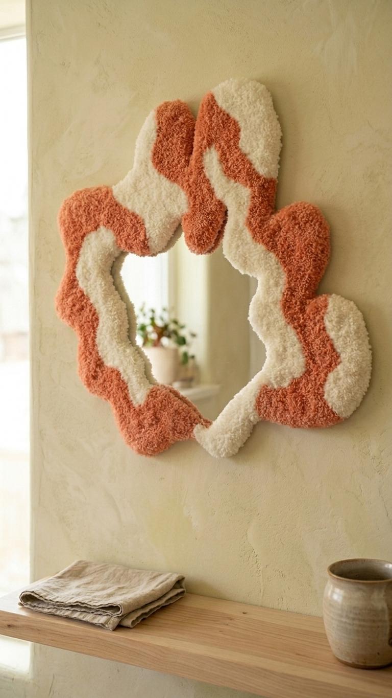 Handmade Tufted Wavy Mirror, Terracotta Cream Organic Wall Decor