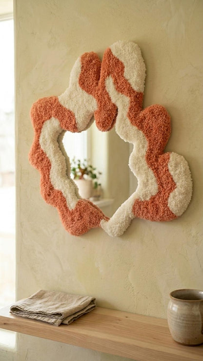 Handmade Tufted Wavy Mirror, Terracotta Cream Organic Wall Decor