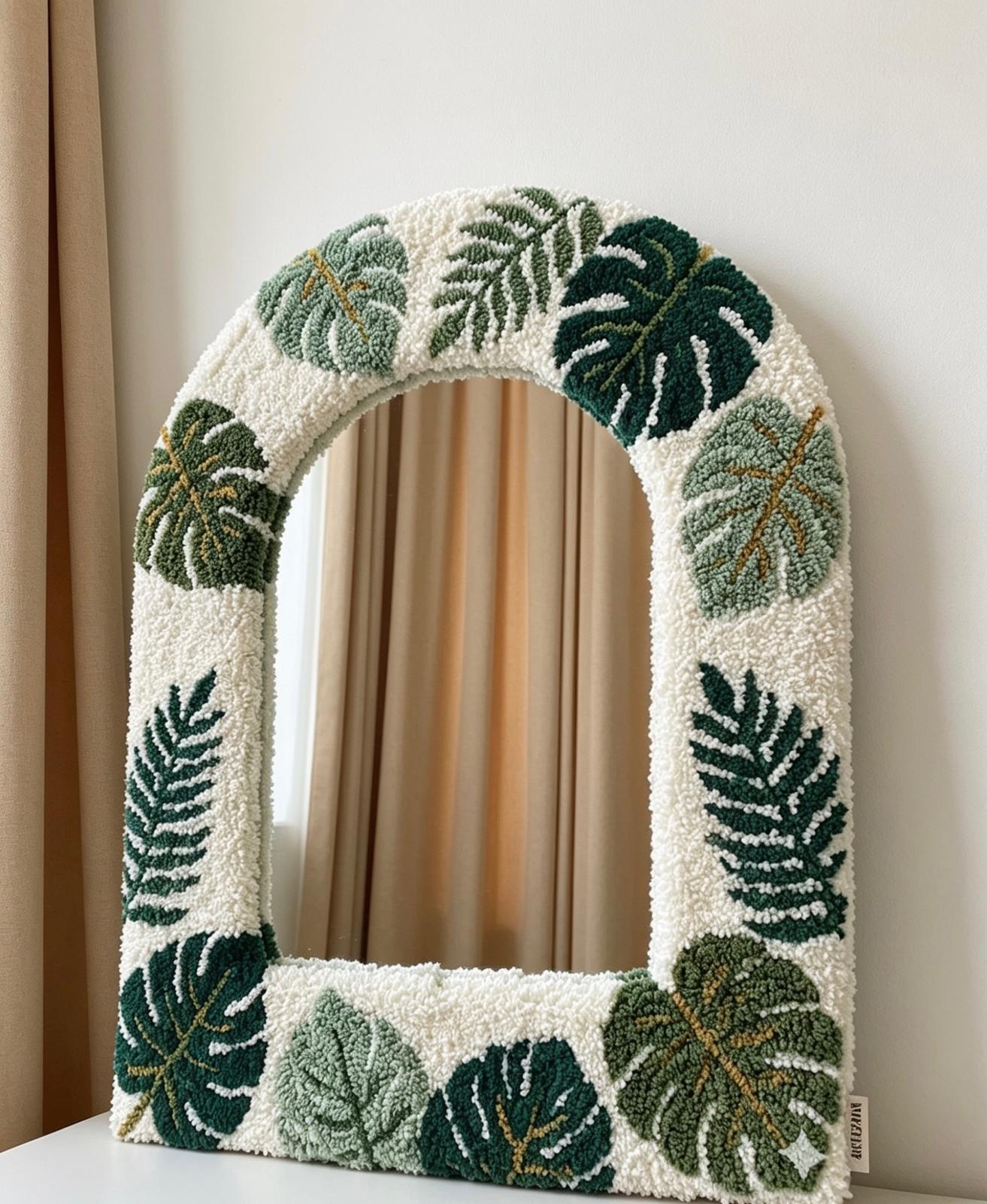 Tufted Arch Mirror with Monstera Leaves, Punch Needle Botanical Wall Decor