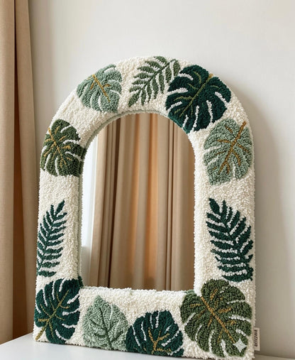 Tufted Arch Mirror with Monstera Leaves, Punch Needle Botanical Wall Decor