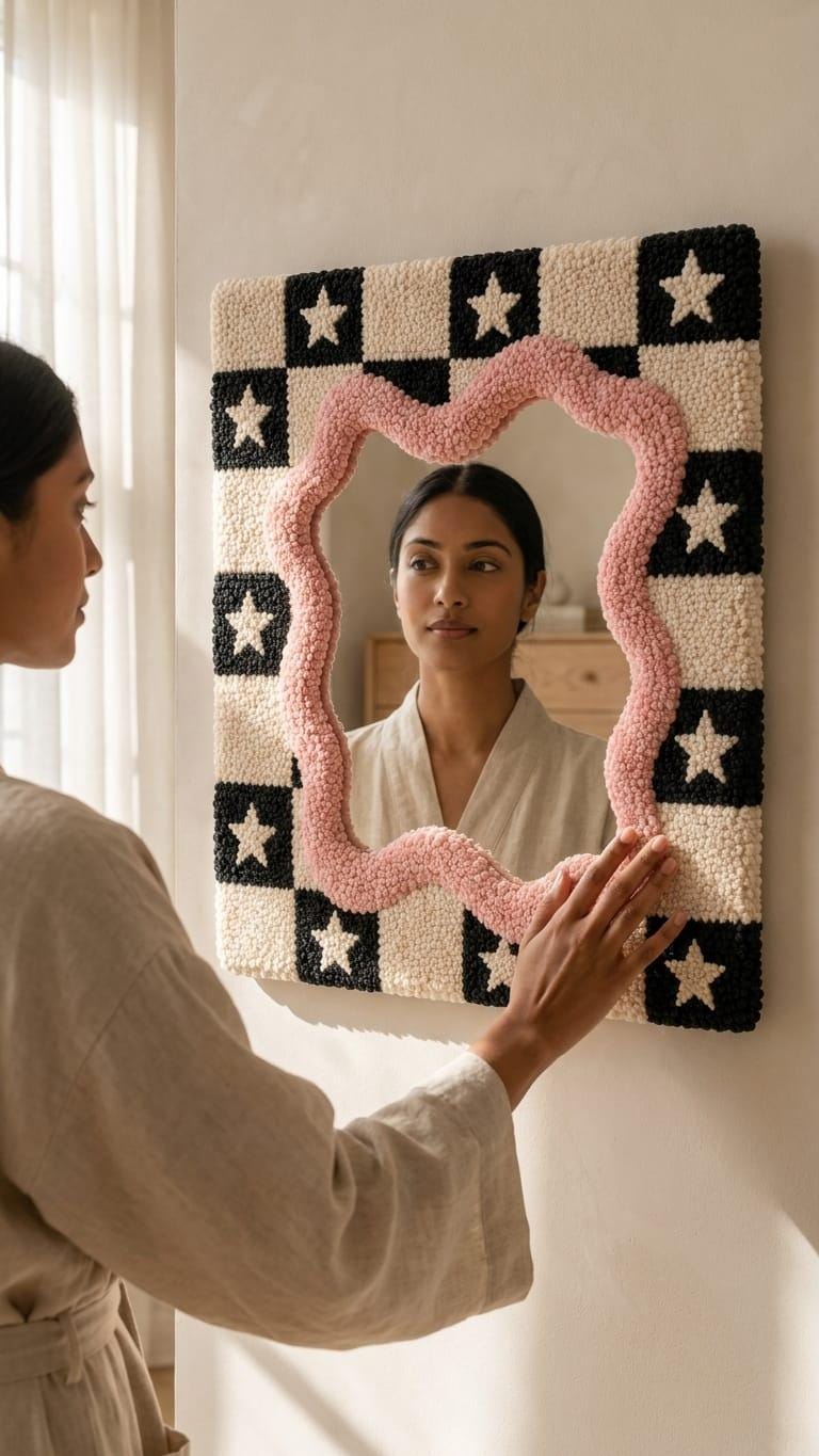 Tufted Checkerboard Mirror, Pink Wavy Border, Punch Needle Star Wall Art