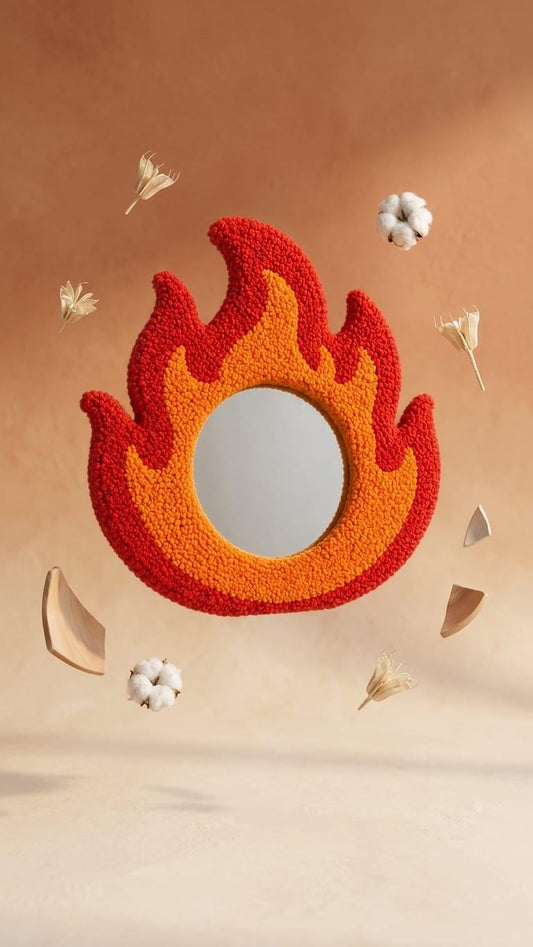 Flame Mirror, Tufted Wall Mirror, Fire Shaped Mirror, Red Orange Mirror, Funky Wall Decor, Y2K Room Decor, Handmade Statement Mirror