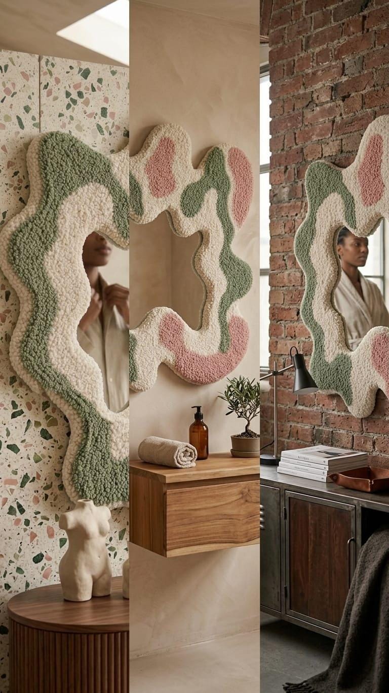 Tufted Wavy Mirror, Punch Needle Wall Art, Sage Green Pink Cream Danish Pastel Decor