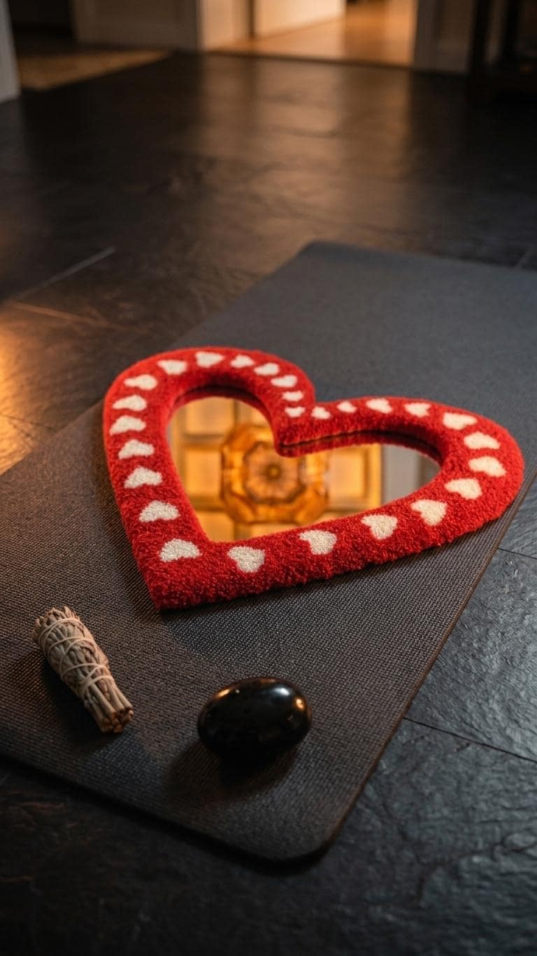 Handmade Heart Tufted Mirror, Red Plush Wall Decor, Romantic Valentine Room Accent