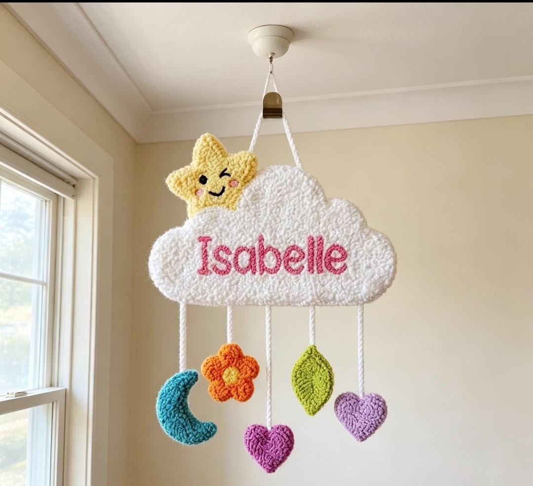 Personalized Cloud Name Sign, Tufted Punch Needle Wall Art, Baby Girl Nursery Decor