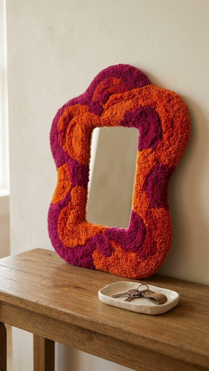 Tufted Wavy Mirror | Punch Needle Wall Art, Orange Pink Abstract Decor