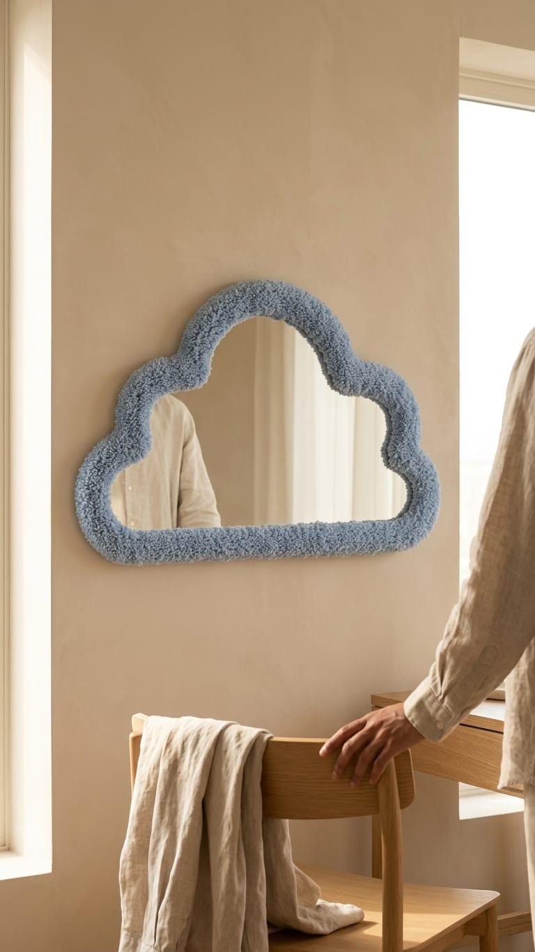 Tufted Cloud Mirror | Pastel Blue Punch Needle Art, Tabletop Decor