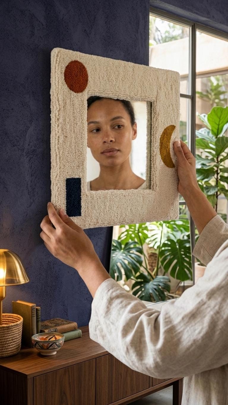Punch Needle Mirror, Tufted Geometric Boho Wall Decor, Mid Century Abstract Cosmetic Mirror