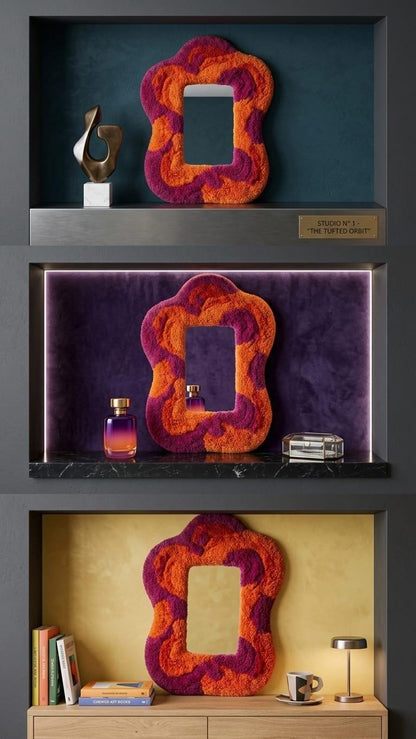 Tufted Wavy Mirror | Punch Needle Wall Art, Orange Pink Abstract Decor
