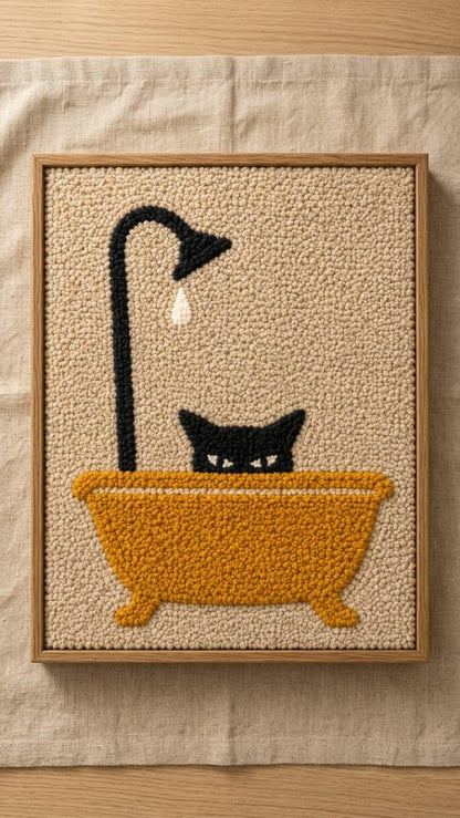 Funny Black Cat Bathtub Wall Art | Tufted Cat in Bath Punch Needle Frame | Cute Bathroom Restroom Decor | Framed Textile Art Gift