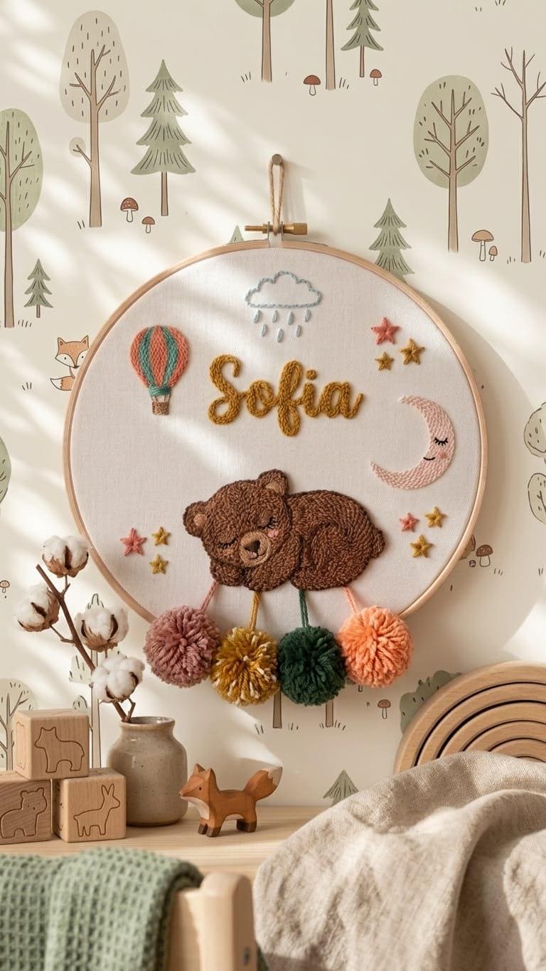 Personalized Sleeping Bear Punch Needle Hoop Art, Boho Nursery Name Sign