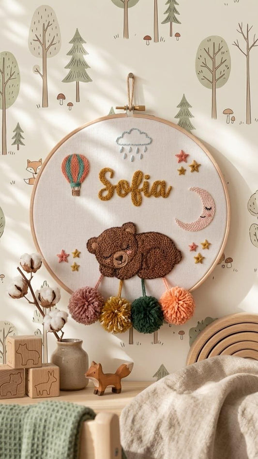 Personalized Sleeping Bear Punch Needle Hoop Art, Boho Nursery Name Sign