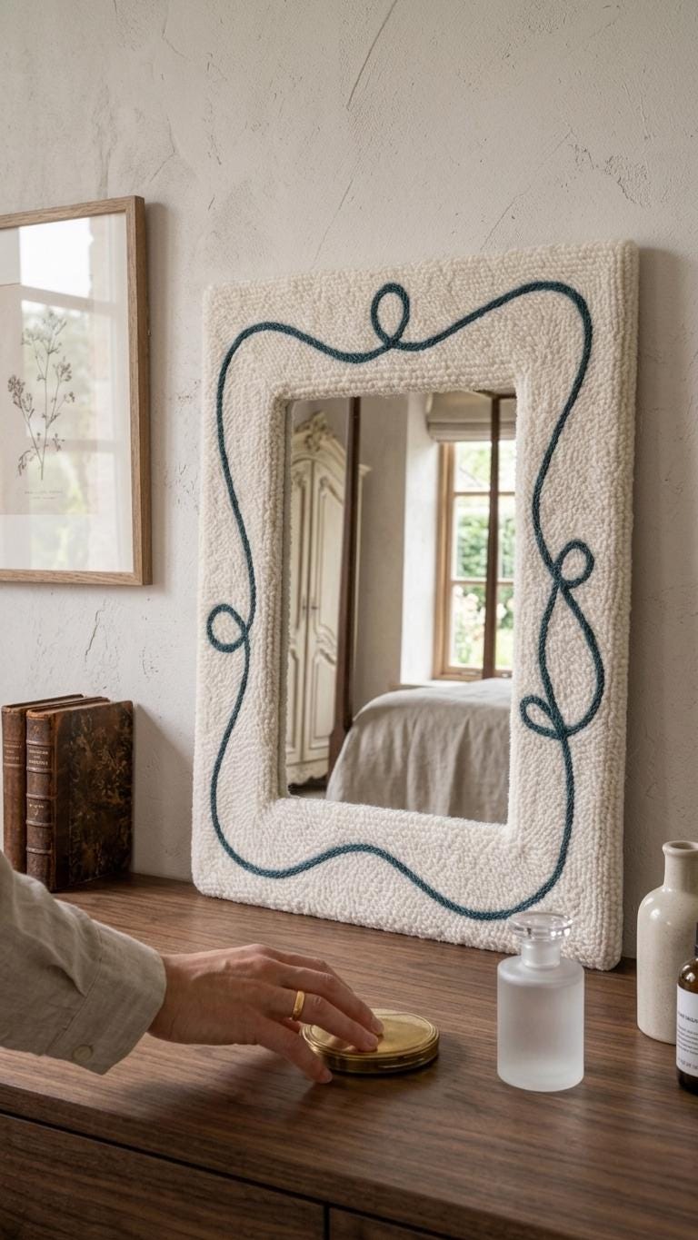 Punch Needle Mirror, Tufted Yarn Frame, Line Art Decor, Cozy Vanity Accent Mirror