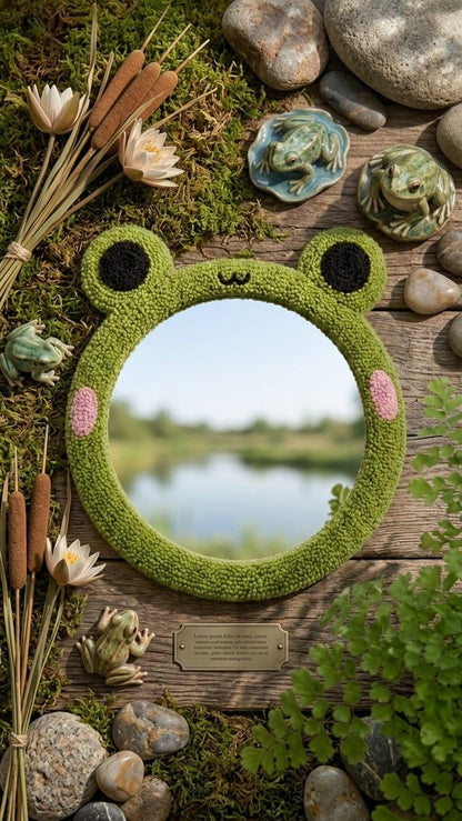 Tufted Frog Mirror | Cute Kawaii Punch Needle Wall Art | Green Frogcore Room Decor | Animal Shaped Mirror | Whimsical Nursery Gift