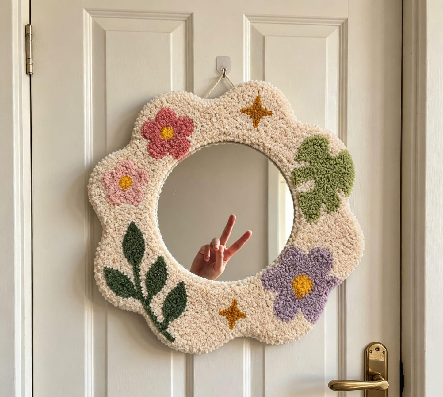 Tufted Floral Mirror, Punch Needle Wavy Room Decor, Pastel Flower Vanity Mirror
