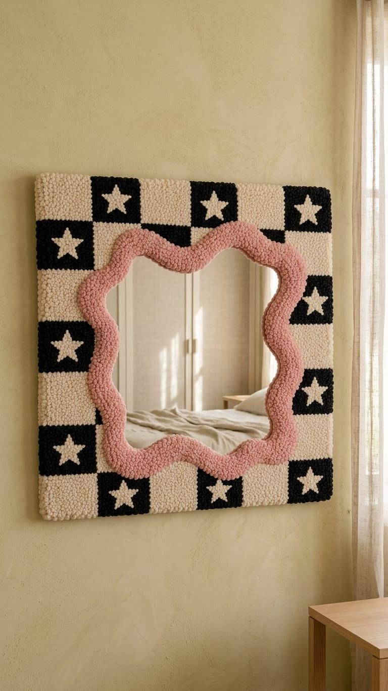 Tufted Checkerboard Mirror, Pink Wavy Border, Punch Needle Star Wall Art
