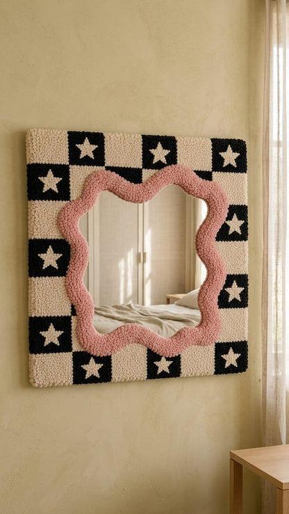 Tufted Checkerboard Mirror, Pink Wavy Border, Punch Needle Star Wall Art