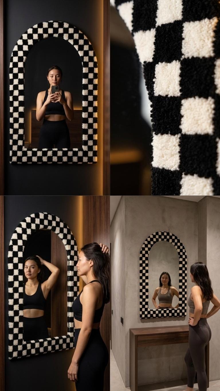 Tufted Arch Mirror, Black White Checkerboard Wall Decor, Soft Textured Frame
